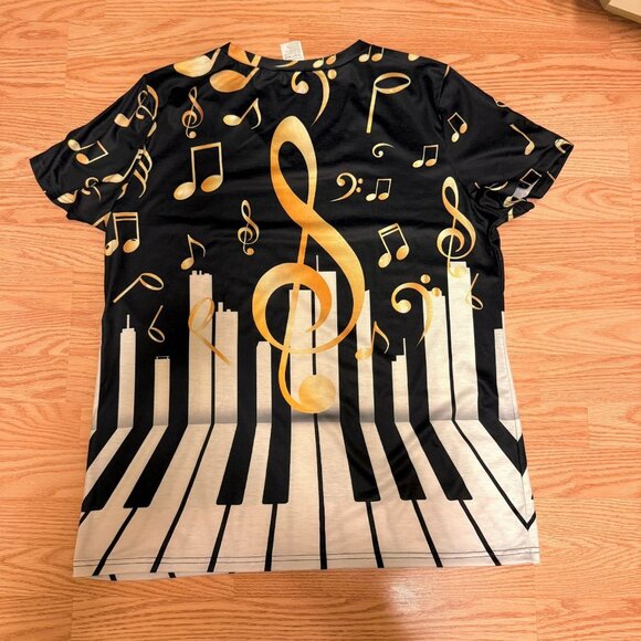 Womens Piano Keys Music Notes Graphic Tee Size XXL Black Gold V Neck Shirt Singe - Picture 5 of 8